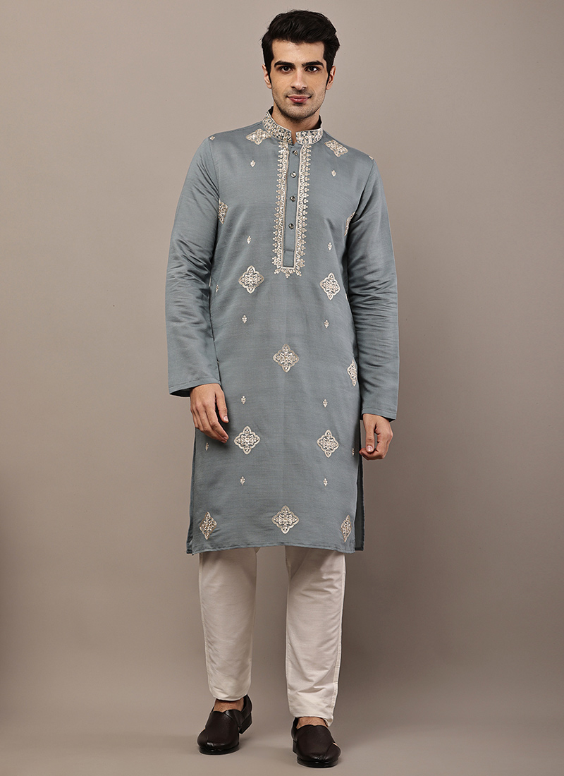 Elegant Grey Viscose Silk Embroidered Sequins Kurta Pyjama Festive Wear