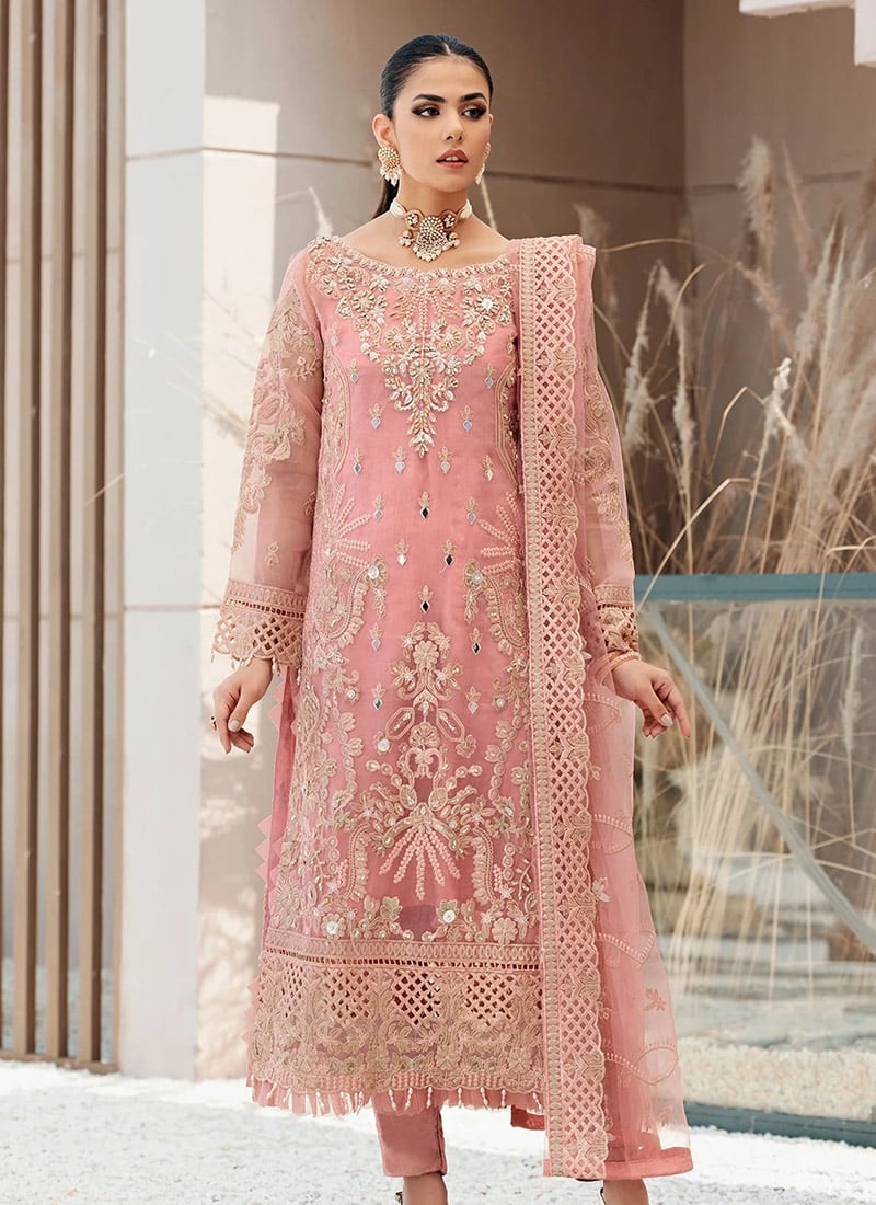 Elegant Heavily Embroidered And Beads Organza Straight Pant Suit Party Wear