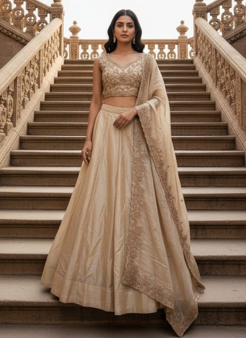 Elegant Ivory Gold Crush Silk Zari Embroidered Sequins Thread Umbrella Lehenga Wedding Wear