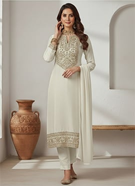 Elegant Ivory Silk Zari Sequins Straight Pant Suit