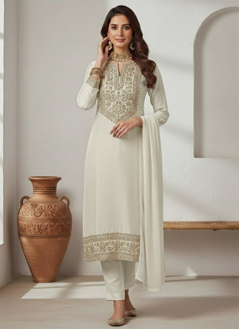 Elegant Ivory Silk Zari Sequins Straight Pant Suit Festive Wear