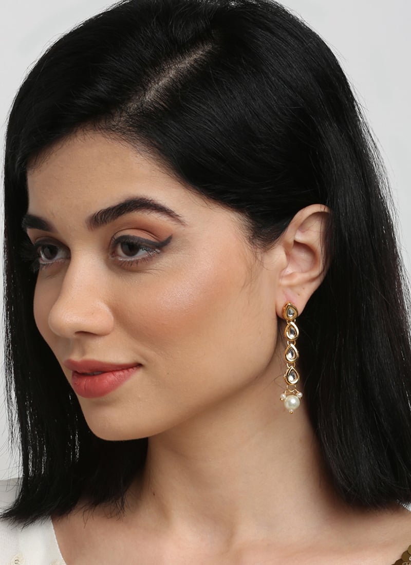 Elegant Kundan Danglers In Gold Plating With White Pearl And White Stones Party Wear