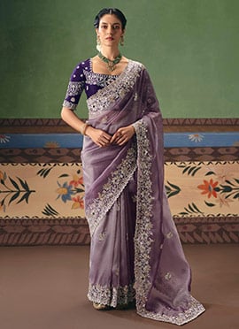 Elegant Lavender Art Silk Embroidered Sequins Stones Beads Saree