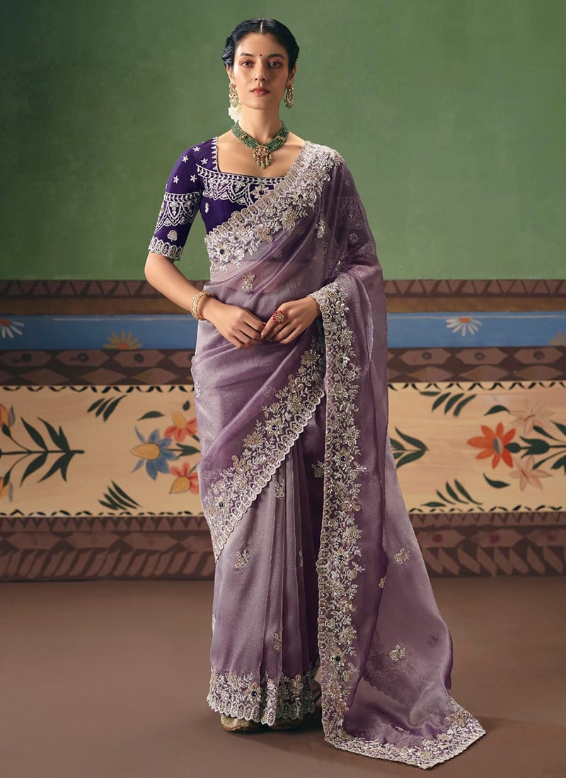 Elegant Lavender Art Silk Embroidered Sequins Stones Beads Saree Wedding Wear