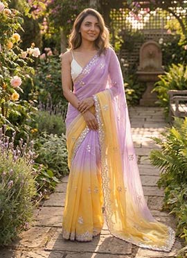 Elegant Lavender Crush Chiffon Sequins Moti Cutdana Work Saree
