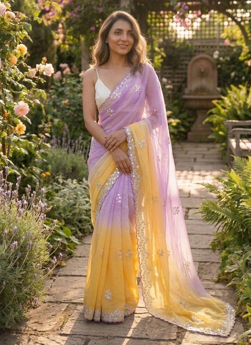 Elegant Lavender Crush Chiffon Sequins Moti Cutdana Work Saree After Six Wear