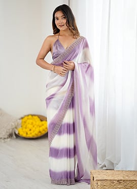 Elegant Lavender Fendy Satin Zarkan Stones Work Saree
