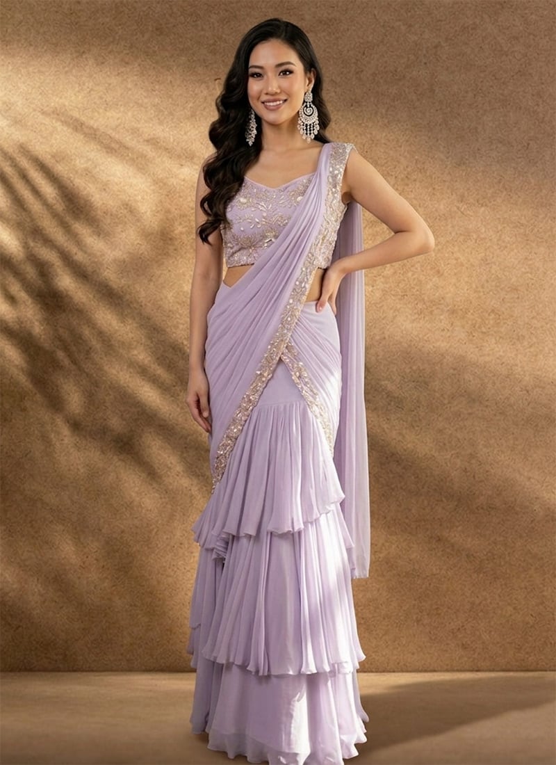 Elegant Lavender Georgette Sequins Hand Embroidered Cutdana Saree Wedding Wear