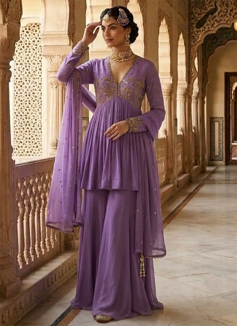 Elegant Lavender Georgette Zari Sequins Palazzo Suit Festive Wear