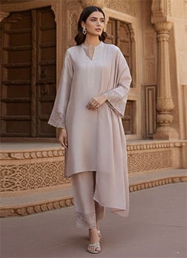 Elegant Lavender Silk Resham Work Angarkha Style Straight Pant Suit