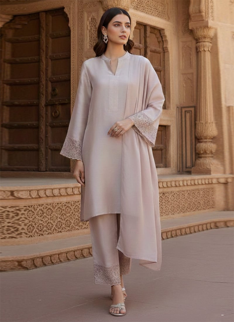 Elegant Lavender Silk Resham Work Angarkha Style Straight Pant Suit Festive Wear