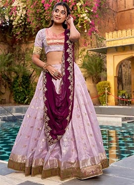 Elegant Lavender Slub Kota Silk Zari Weaving Work With Paithani Border Fish Cut Lehenga