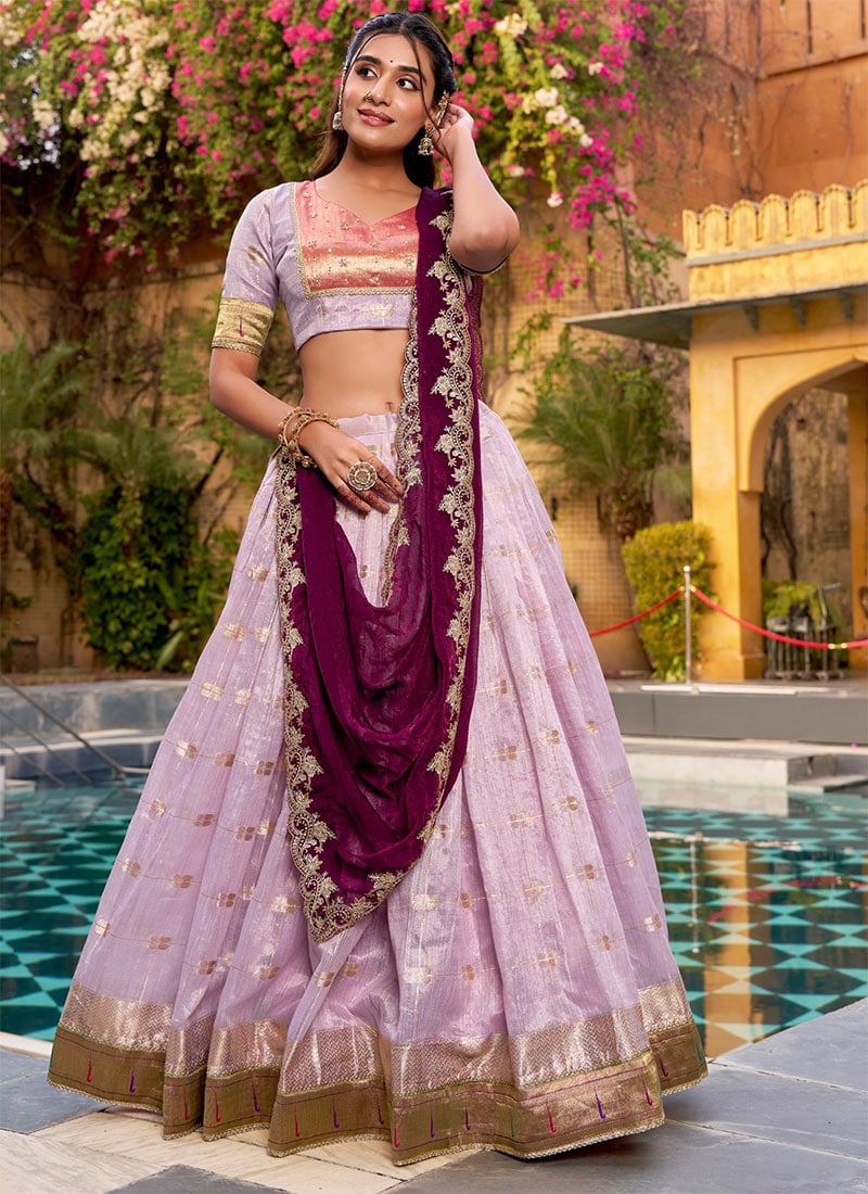 Elegant Lavender Slub Kota Silk Zari Weaving Work With Paithani Border Fish Cut Lehenga Festive Wear