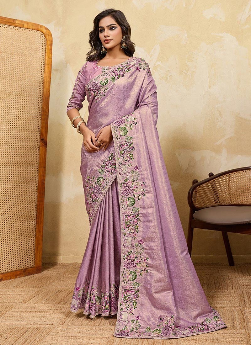 Elegant Lavender Soft Kanjivaram Silk Beads Embroidered Zari Sequins Thread Saree Wedding Wear