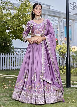 Elegant Lavender Vichitra Silk Embroidered Sequins Thread A Line Lehenga