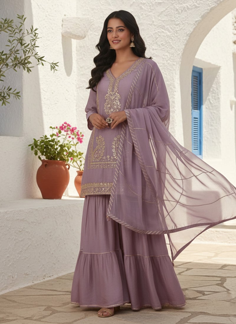 Elegant Lavender Vichitra Silk Zari Sequins Embroidered Sharara Suit Festive Wear