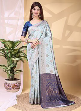 Elegant Light Blue Lichi Silk Jacquard Saree