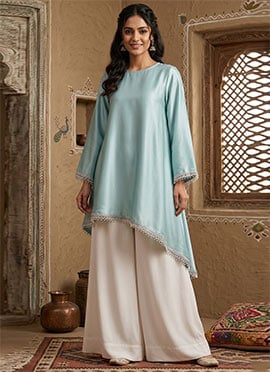 Elegant Light Blue Silk Ready Lace Indowestern Sets And Suits