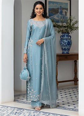 Elegant Light Blue Silk Zari Stones Embroidered Straight Pant Suit
