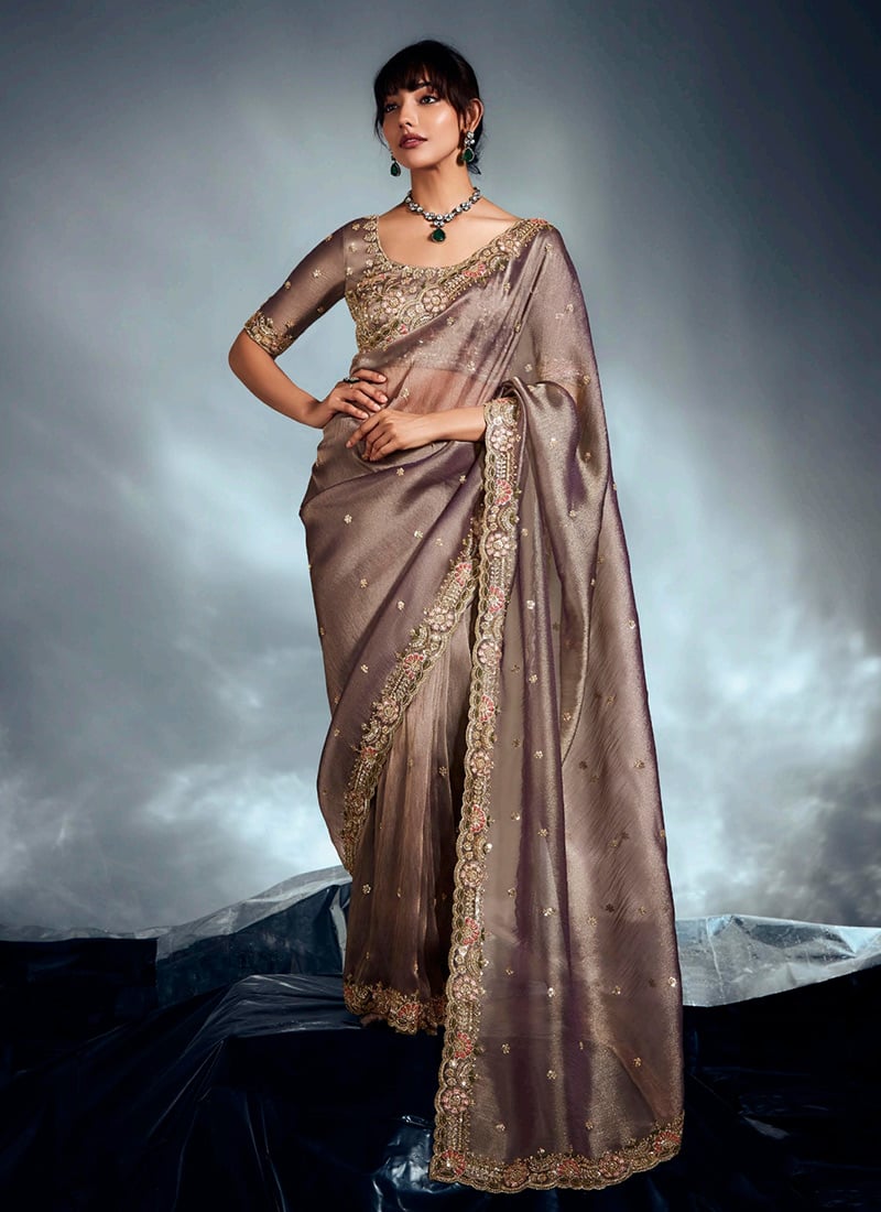 Elegant Light Brown Tissue Moti Sequins Saree Wedding Wear