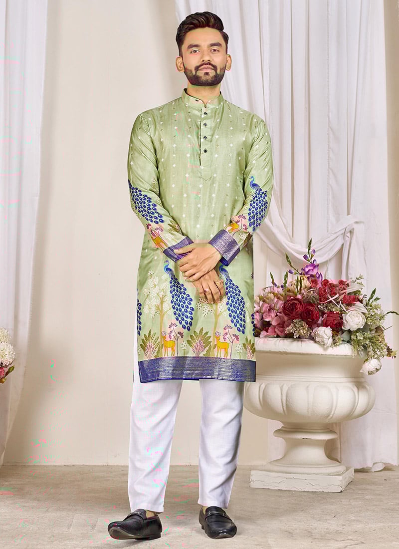 Elegant Light Green Dola Silk Patola Foil Print Kurta Pyjama Festive Wear