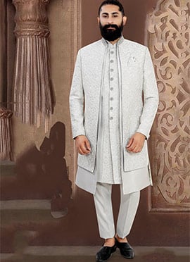 Elegant Light Grey Jacquard Sequins Embroidered Thread Indowestern Sherwani