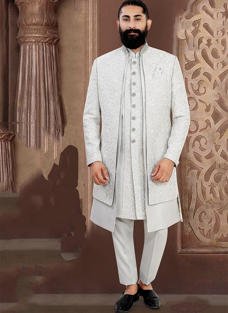 Elegant Light Grey Jacquard Sequins Embroidered Thread Indowestern Sherwani Wedding Wear