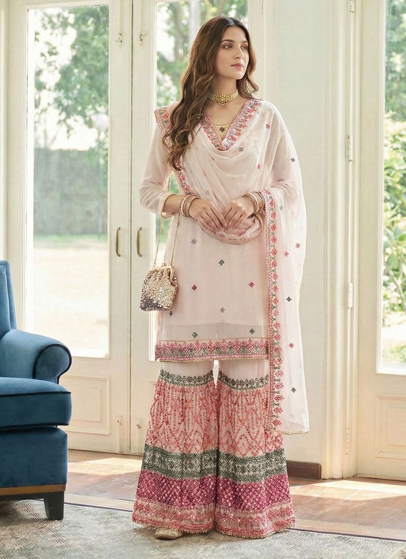 Elegant Light Pink Georgette Embroidered Sequins Khatli Thread Sharara Suit Festive Wear