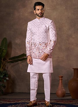 Elegant Light Pink Premium Silk Embroidered Sequins Thread Bandi Set