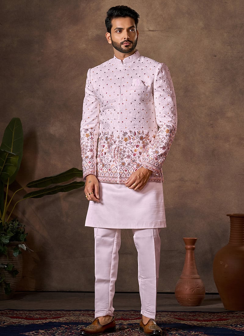 Elegant Light Pink Premium Silk Embroidered Sequins Thread Bandi Set Wedding Wear