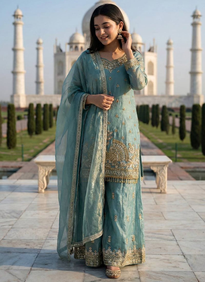 Elegant Light Teal Fendy Silk Embroidered Sequins Palazzo Suit Festive Wear