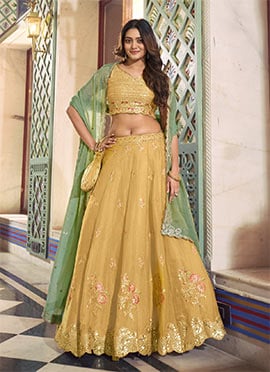 Elegant Light Yellow Silk Sequins and Thread Embroidery Work Umbrella Lehenga