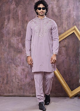 Elegant Lilac Armani Embroidered Thread Mirror Work Kurta Pyjama
