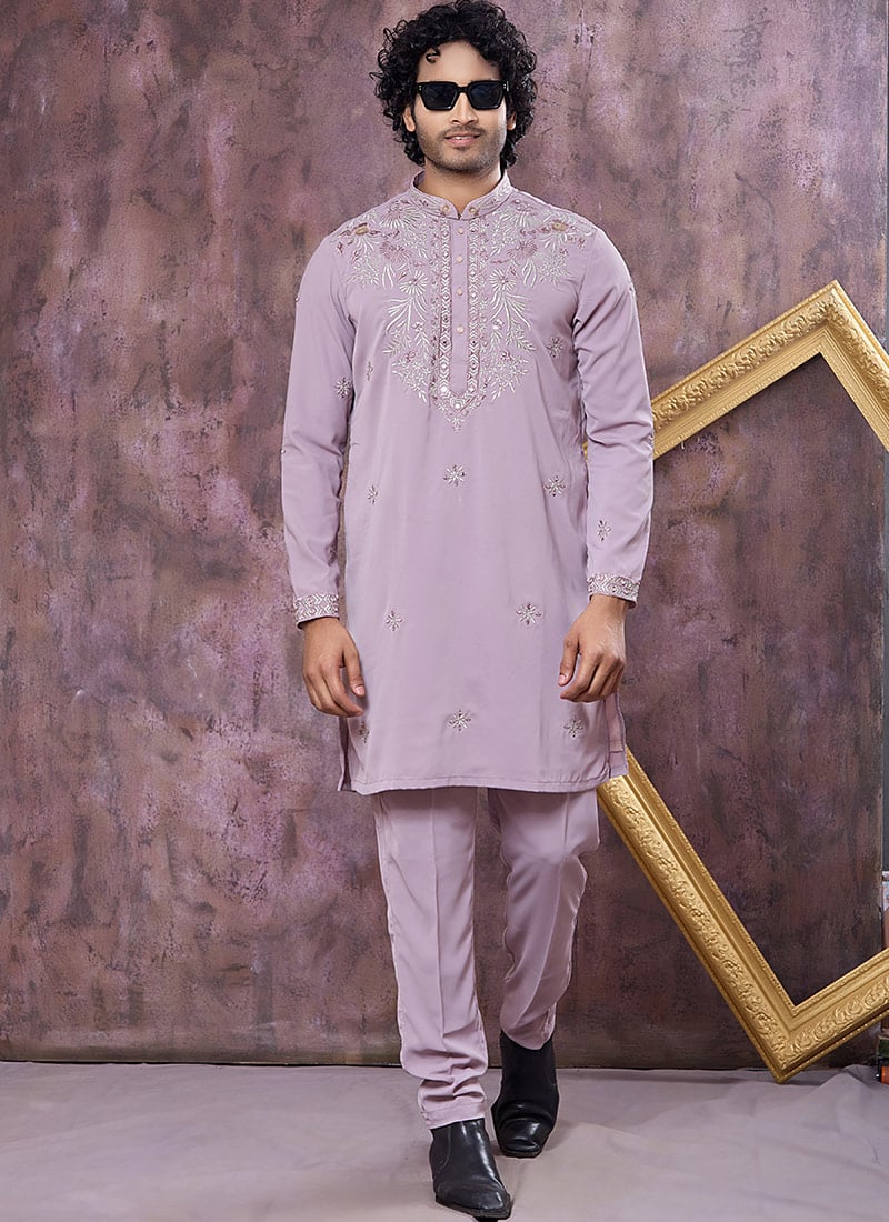 Elegant Lilac Armani Embroidered Thread Mirror Work Kurta Pyjama Festive Wear