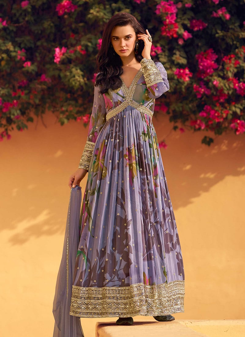 Elegant Lilac Chinon Digital Print With Zardosi Sequins Empire Waist Anarkali