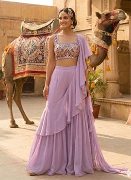 Elegant Lilac Georgette Beads Stones Hand Embroidered Palazzo Style  Saree
