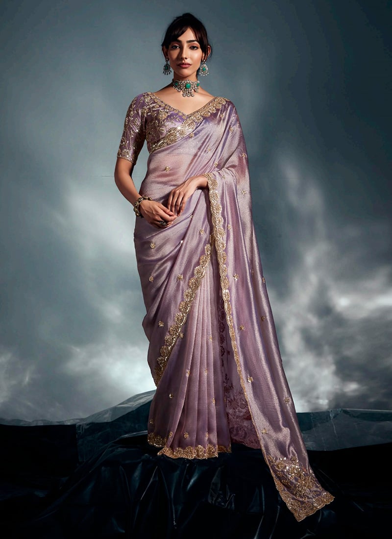 Elegant Lilac Tissue Moti Sequins Saree Wedding Wear