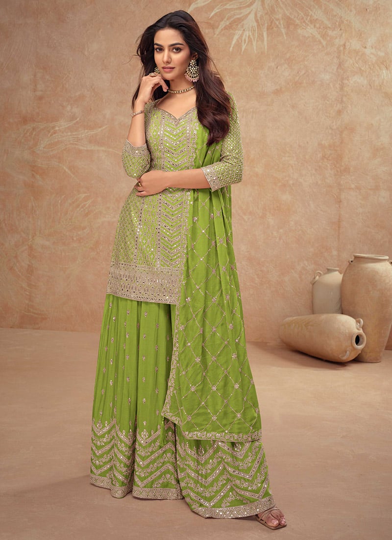 Elegant Lime Green Chinon Palazzo Suit With Zari Embroidery And Sequins