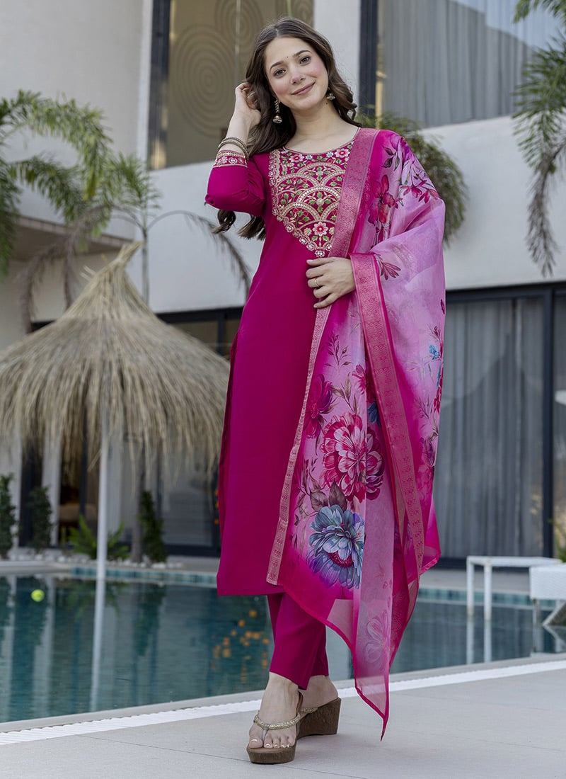 Elegant Magenta Chanderi Embroidered Printed Palazzo Suit After Six Wear