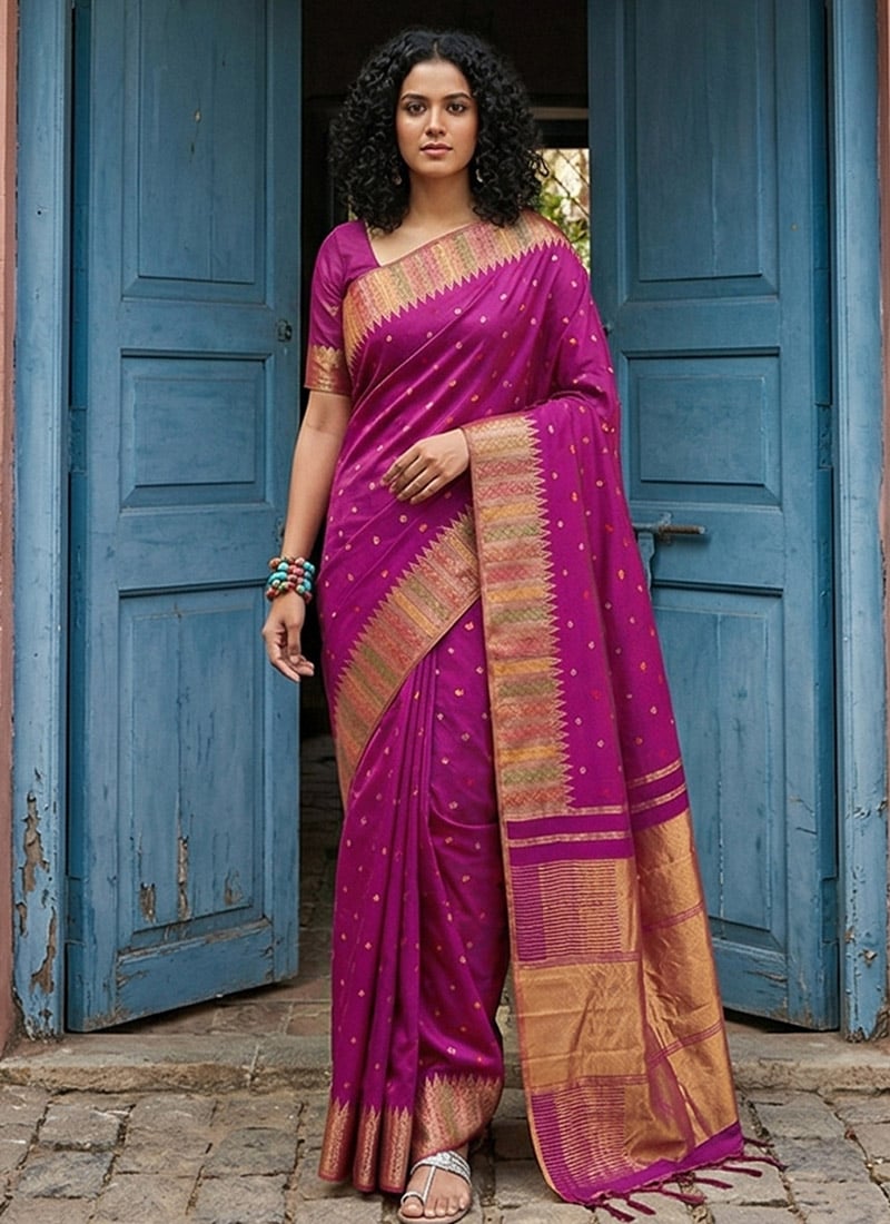 Elegant Magenta Silk Blend Zari Jacquard Saree Festive Wear