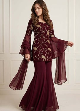Elegant Maroon Art Silk Embroidered Sharara Suit