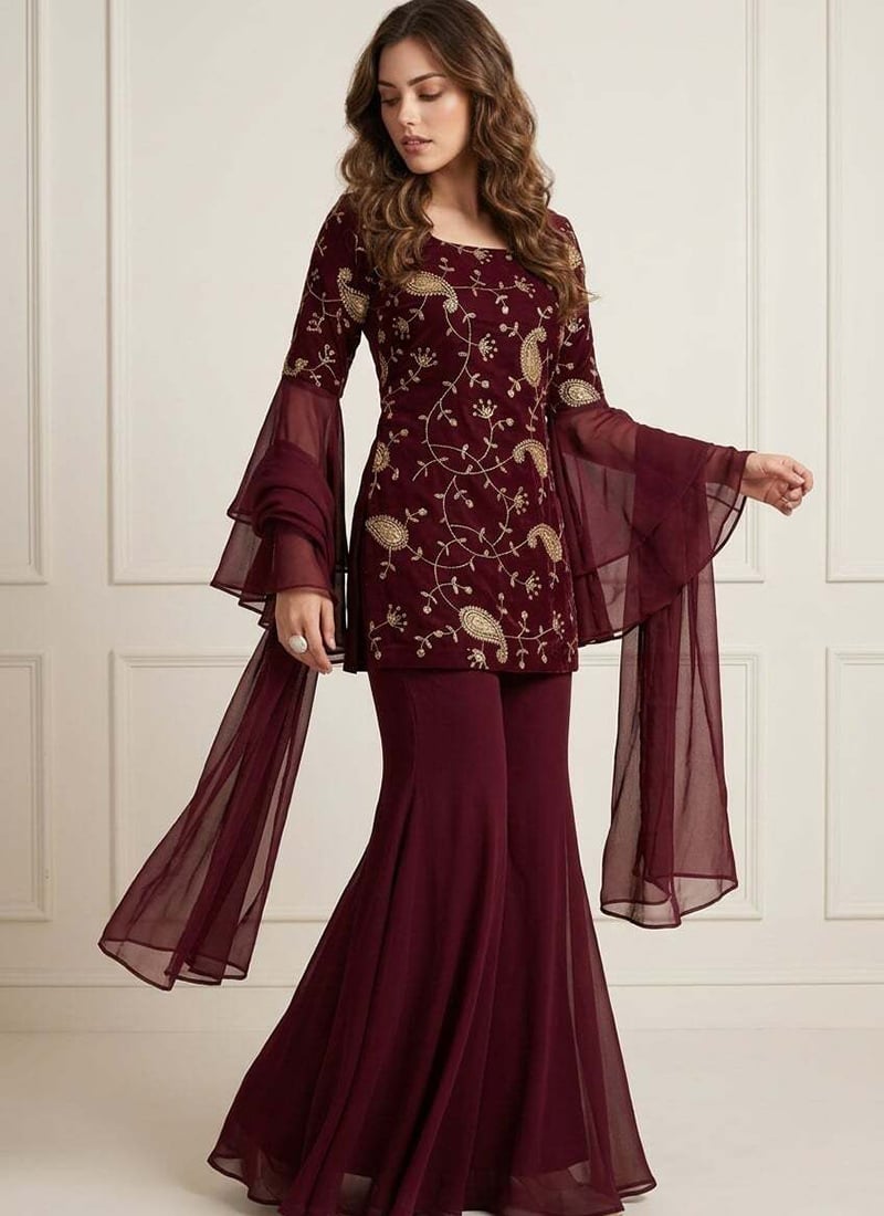 Elegant Maroon Art Silk Embroidered Sharara Suit Festive Wear