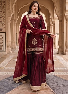 Elegant Maroon Art Silk Sequins Embroidered Sharara Suit