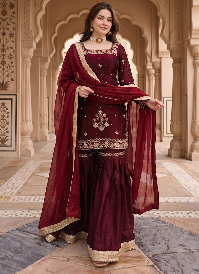 Elegant Maroon Art Silk Sequins Embroidered Sharara Suit Festive Wear