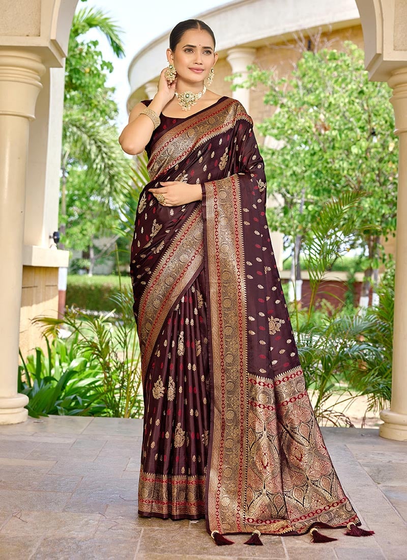 Elegant Maroon Banarasi Silk Jacquard Woven Saree Festive Wear