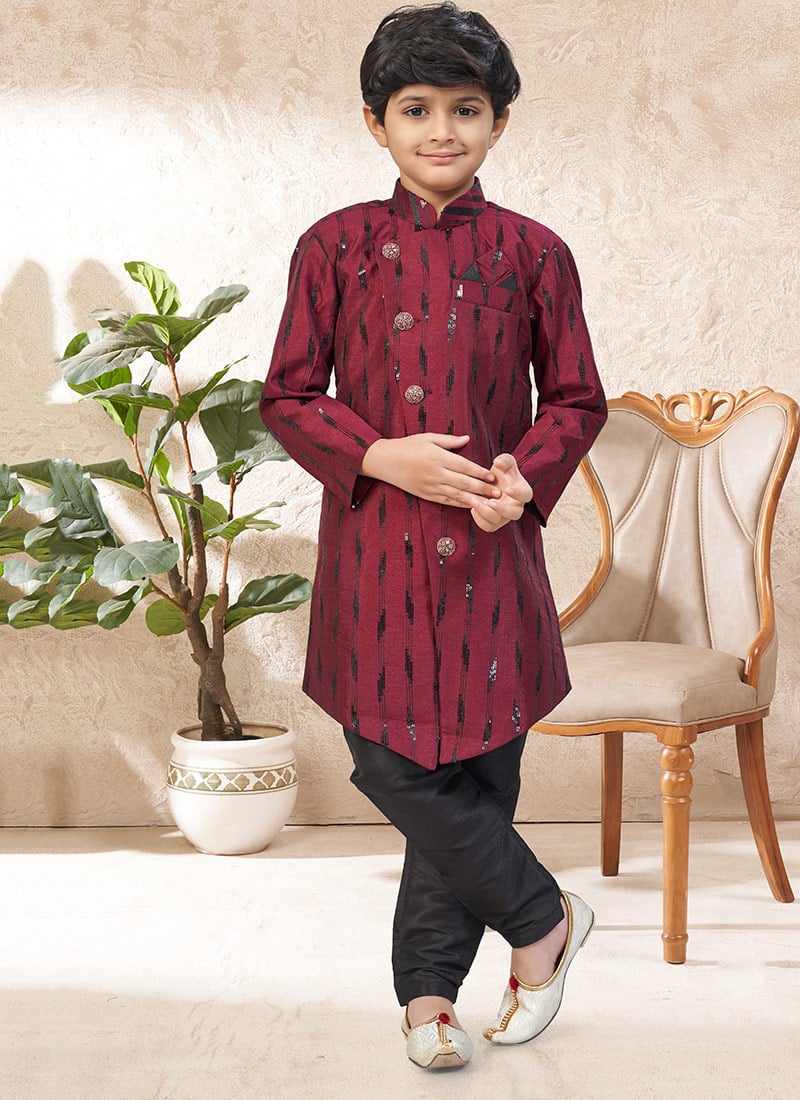 Elegant Maroon Banarasi Silk Stone Work Kids Boys Indowestern Sherwani Wedding Wear