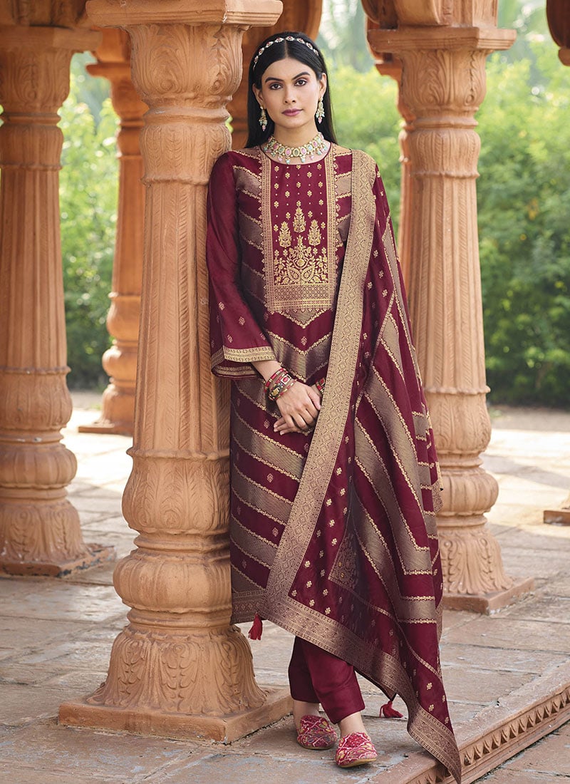 Elegant Maroon Banglori Silk Jacquard Straight Pant Suit After Six Wear