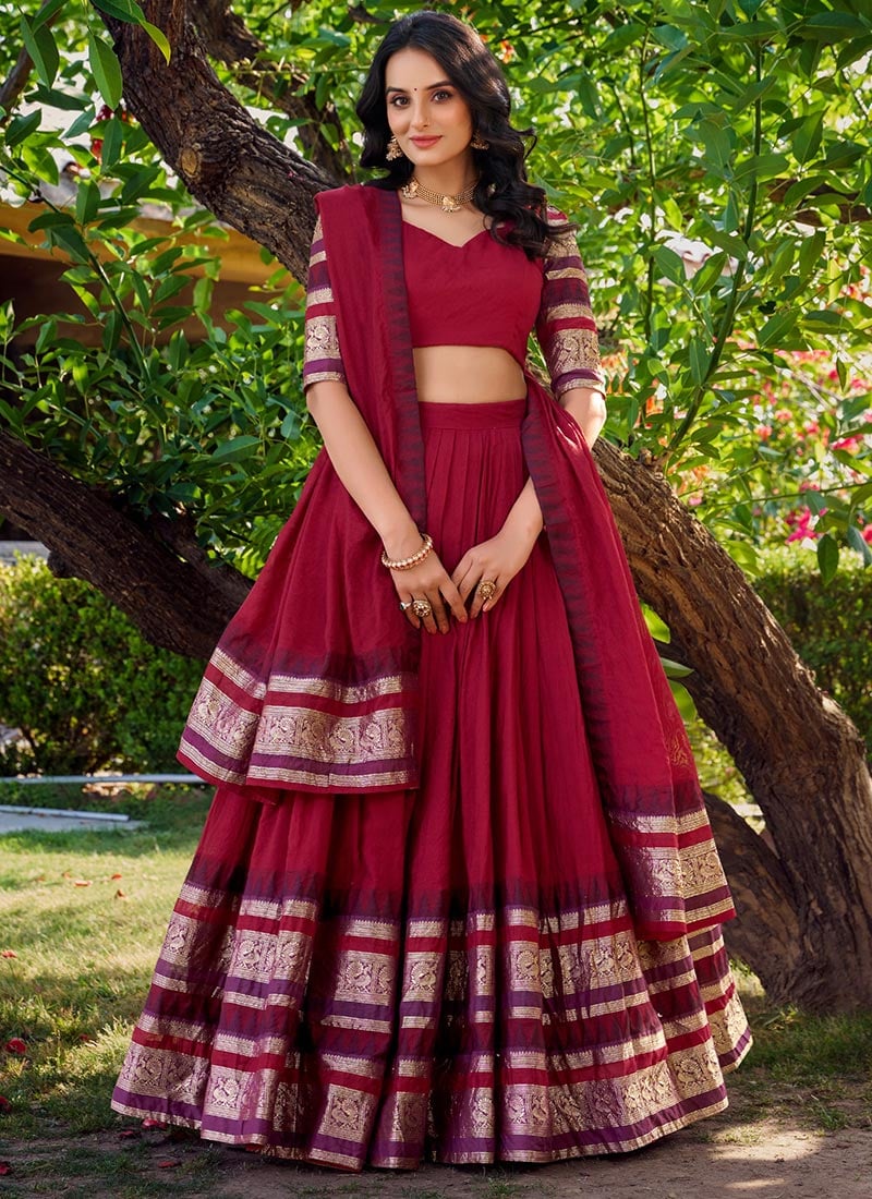 Elegant Maroon Chanderi Zari A Line Lehenga Festive Wear