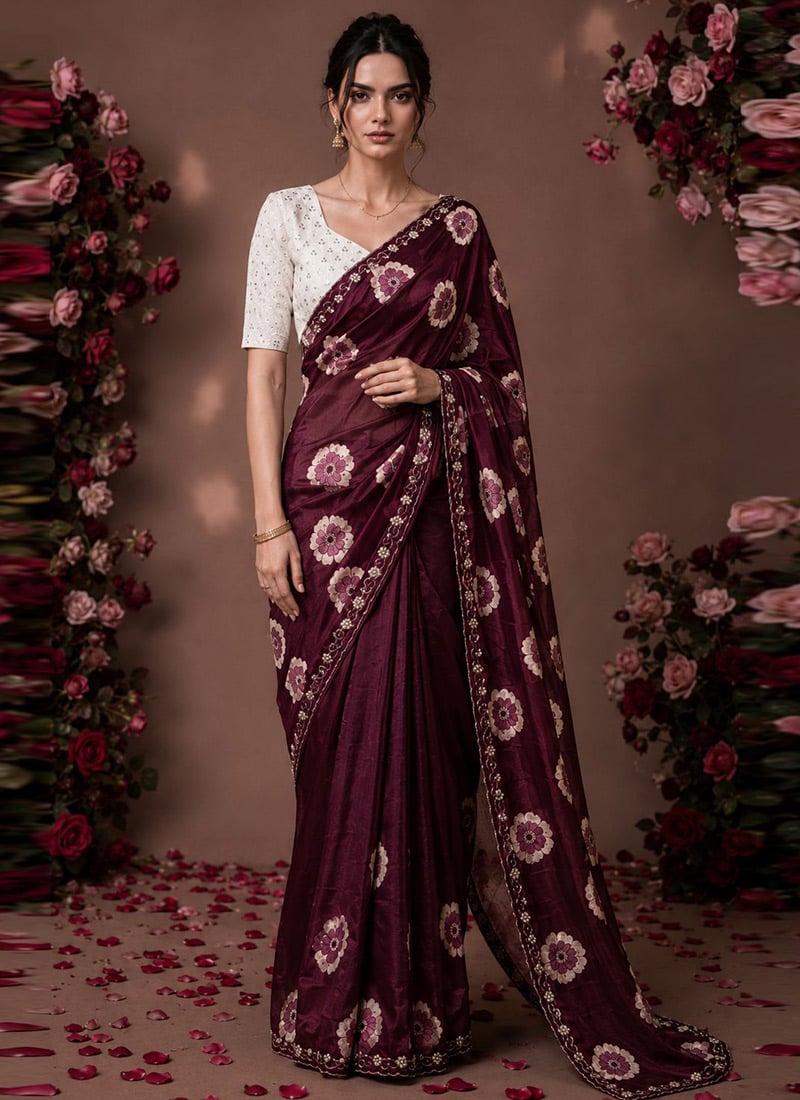 Elegant Maroon Chinon Embroidered Printed Saree After Six Wear