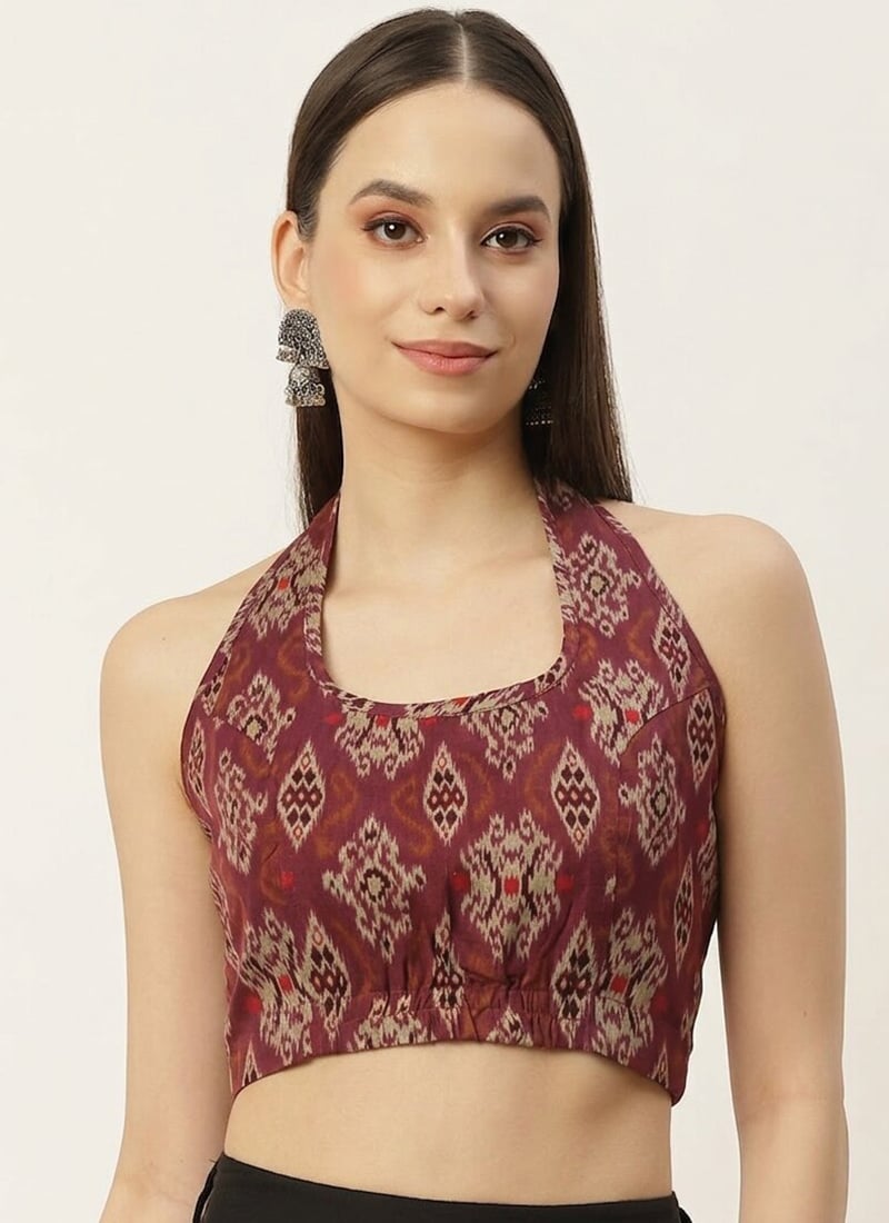 Elegant Maroon Cotton Printed Blouse   After Six Wear